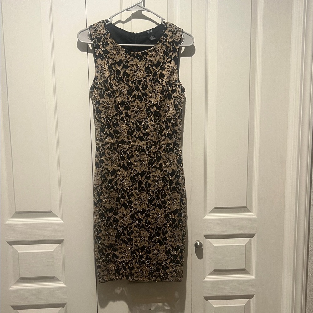 Chic Black and Gold Lace Midi Dress
